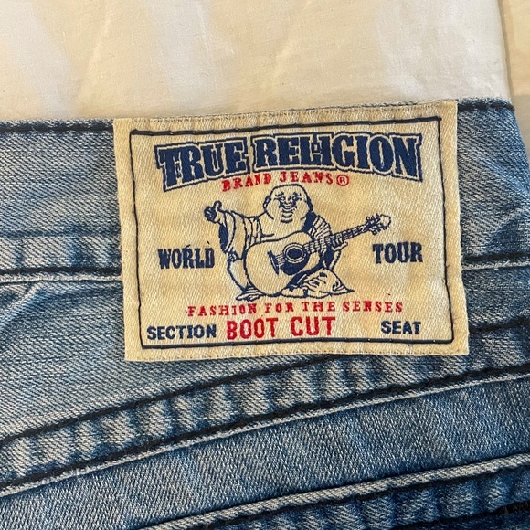 Rare Vintage True Religion Jeans Size 34 Bootcut Thick Blue Distressed Denim - Picture 5 of 11